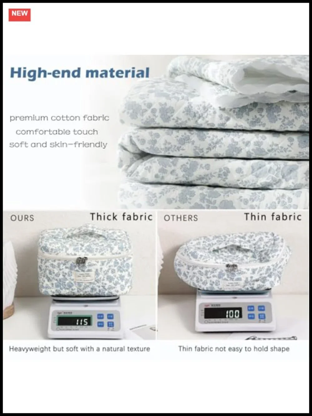 Large Quilted Cotton Travel Makeup Bag Floral Cosmetic Organizer Toiletry